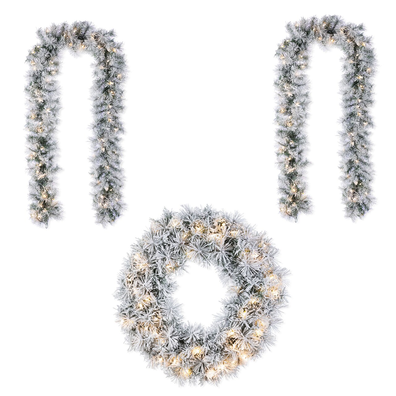 Christmas Snow Flocked Greenery Pine Garland & Wreath & Teardrop Set, with Warm White/Multi-color C3 Clear LED Lights and Timer,8 Function